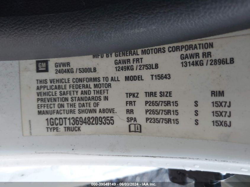 2004 Chevrolet Colorado Ls VIN: 1GCDT136948209355 Lot: 39549149