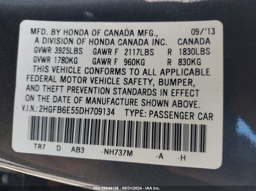 2013 Honda Civic Si VIN: 2HGFB6E55DH709134 Lot: 39549156