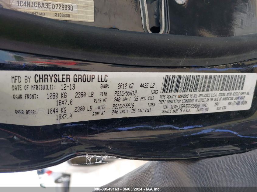 2014 Jeep Compass Altitude VIN: 1C4NJCBA3ED729880 Lot: 39549163