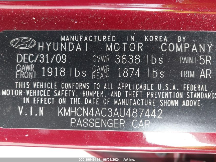 2010 Hyundai Accent Gls VIN: KMHCN4AC3AU487442 Lot: 39549184