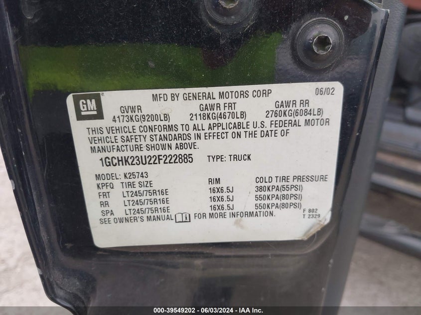 2002 Chevrolet Silverado K2500 Heavy Duty VIN: 1GCHK23U22F222885 Lot: 39549202