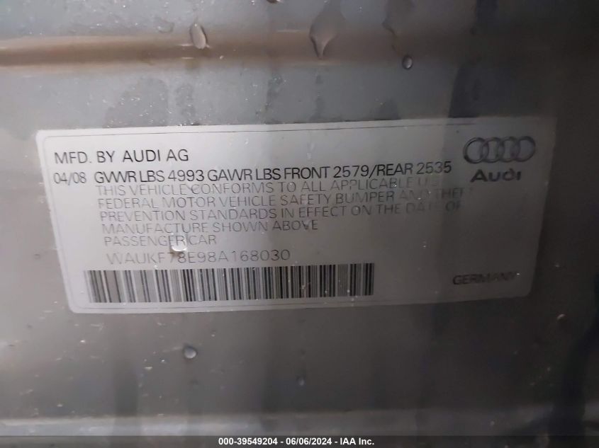 2008 Audi A4 2.0T/2.0T Avant Special Edition VIN: WAUKF78E98A168030 Lot: 39549204