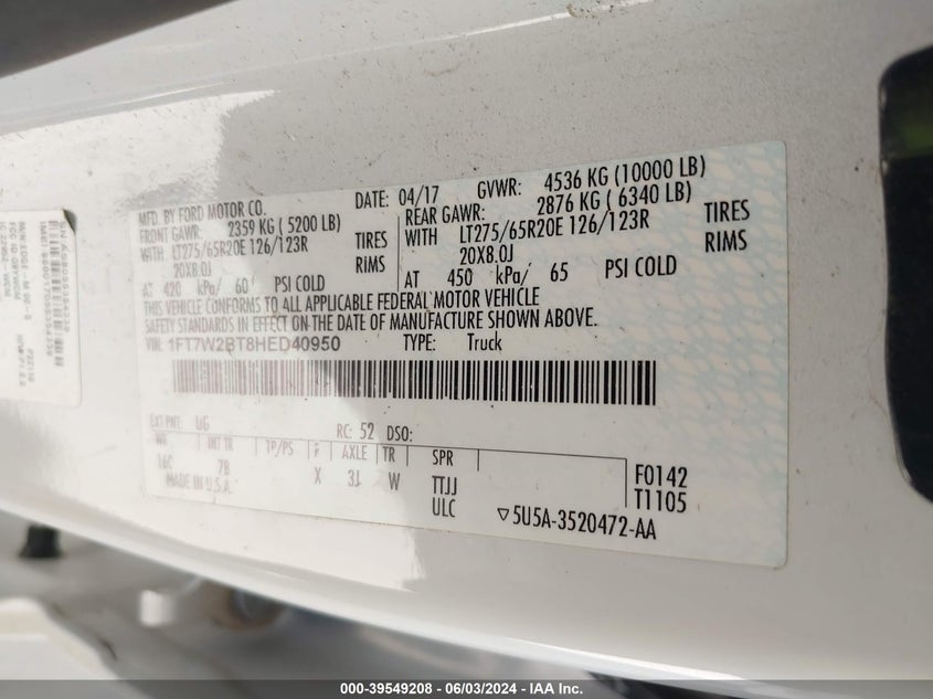 2017 Ford F-250 Platinum VIN: 1FT7W2BT8HED40950 Lot: 39549208