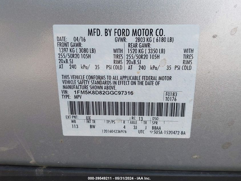 1FM5K8D82GGC97316 2016 Ford Explorer Xlt