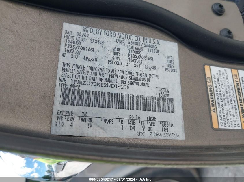 2002 Ford Explorer Xlt VIN: 1FMZU73K82UD19218 Lot: 39549217