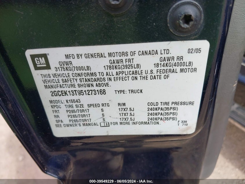 2005 Chevrolet Silverado 1500 Z71 VIN: 2GCEK13T951273168 Lot: 39549229