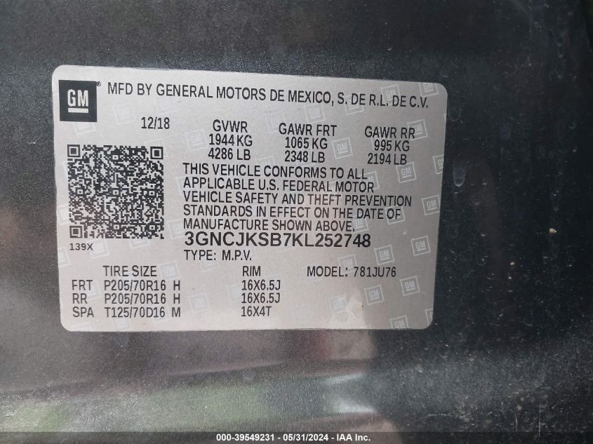 2019 Chevrolet Trax Ls VIN: 3GNCJKSB7KL252748 Lot: 39549231