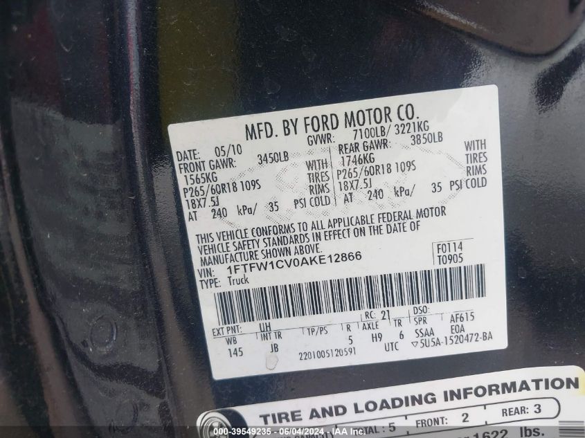 2010 Ford F-150 Fx2 Sport/Harley-Davidson/King Ranch/Lariat/Platinum/Xl/Xlt VIN: 1FTFW1CV0AKE12866 Lot: 39549235