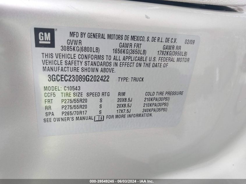 2009 Chevrolet Silverado 1500 Lt VIN: 3GCEC23089G202422 Lot: 39549245