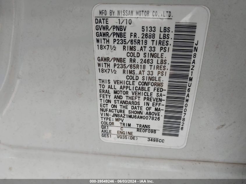 2010 Nissan Murano Sl VIN: JN8AZ1MU6AW007826 Lot: 39549246