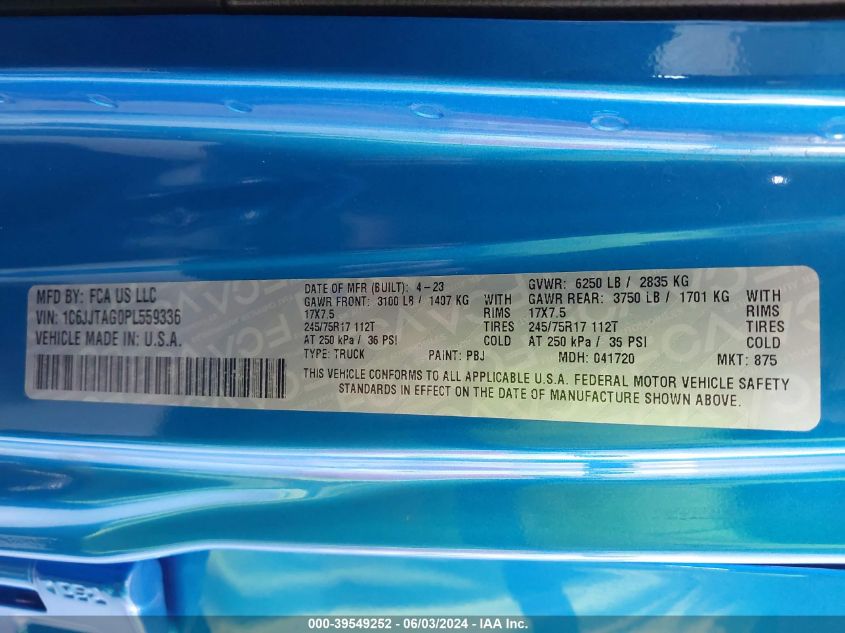 2023 Jeep Gladiator Sport S 4X4 VIN: 1C6JJTAG0PL559336 Lot: 39549252