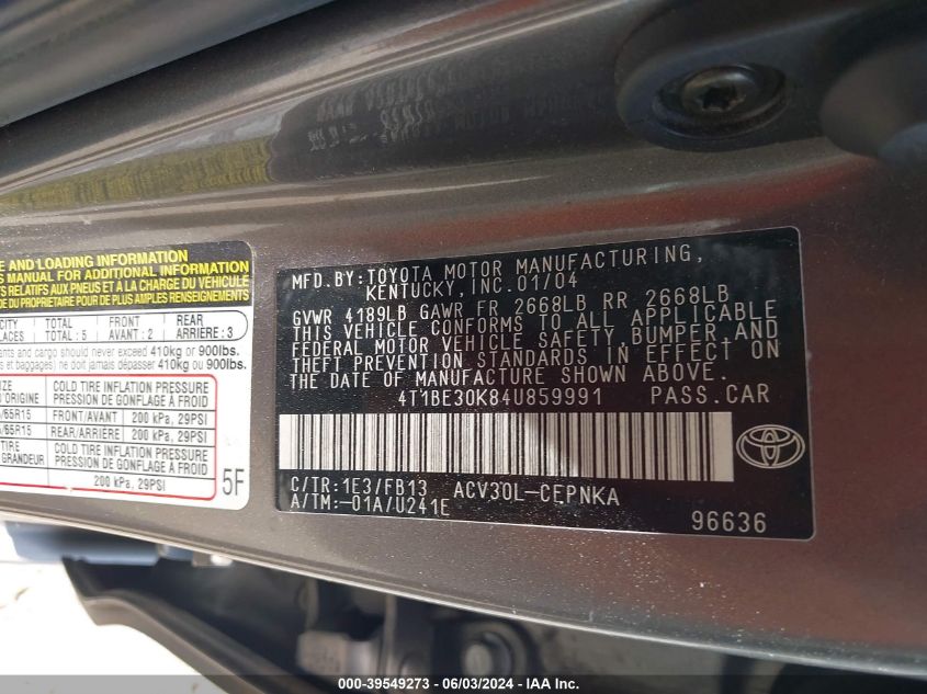 2004 Toyota Camry Le VIN: 4T1BE30K84U859991 Lot: 39549273