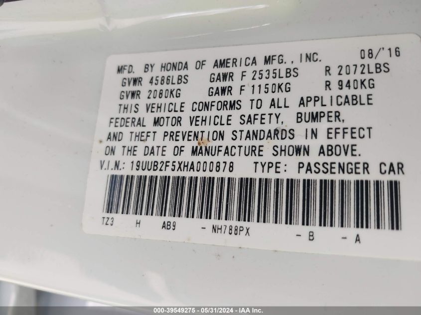 2017 Acura Tlx Technology Package VIN: 19UUB2F5XHA000878 Lot: 39549275