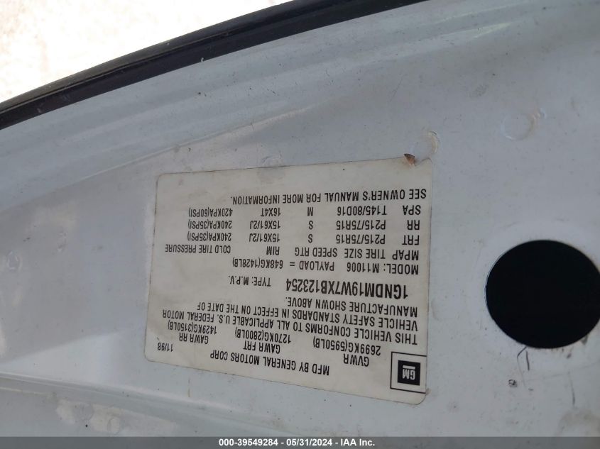 1999 Chevrolet Astro VIN: 1GNDM19W7XB123254 Lot: 39549284