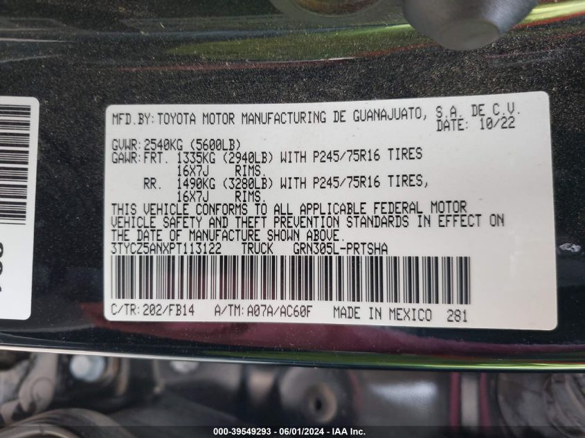 2023 Toyota Tacoma Double Cab/Sr/Sr5/Trail/Trd Sport/Trd Off Road/Trd Pro VIN: 3TYCZ5ANXPT113122 Lot: 39549293