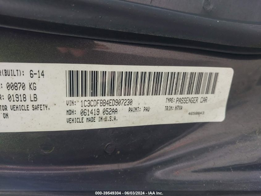 2014 Dodge Dart Sxt VIN: 1C3CDFBB4ED907230 Lot: 39549304