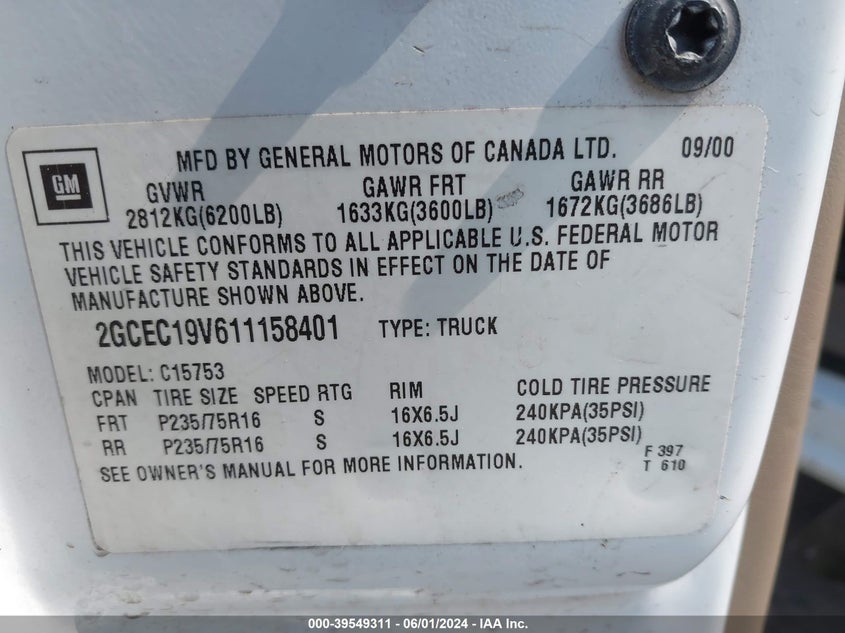 2001 Chevrolet Silverado 1500 Ls VIN: 2GCEC19V611158401 Lot: 39549311