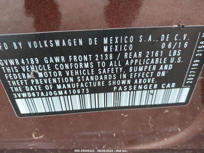 2016 Volkswagen Jetta 1.4T Se VIN: 3VWD67AJ0GM410673 Lot: 39549322