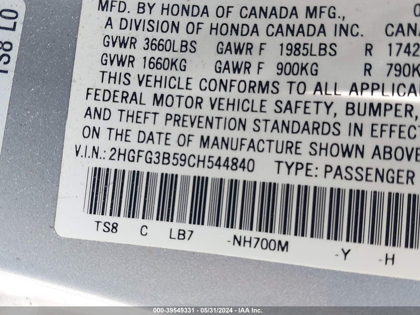 2012 Honda Civic Lx VIN: 2HGFG3B59CH544840 Lot: 39549331