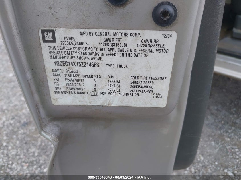 2005 Chevrolet Silverado 1500 Work Truck VIN: 1GCEC14X15Z214668 Lot: 39549348