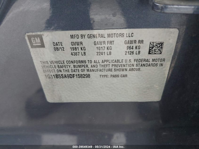2013 Chevrolet Malibu 1Ls VIN: 1G11B5SA9DF158298 Lot: 39549349