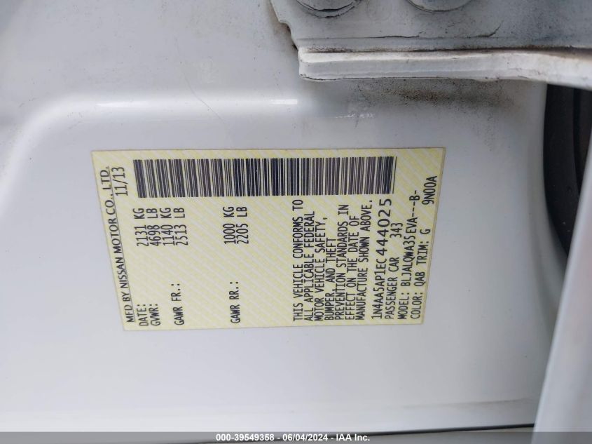 2014 Nissan Maxima 3.5 S/3.5 Sv VIN: 1N4AA5AP1EC444025 Lot: 39549358