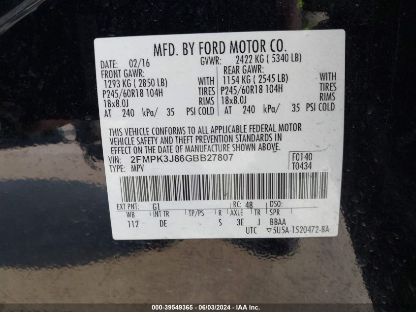 2016 Ford Edge Sel VIN: 2FMPK3J86GBB27807 Lot: 39549365