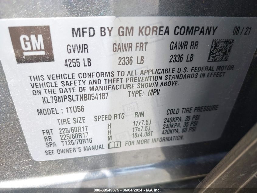 2022 Chevrolet Trailblazer Fwd Lt VIN: KL79MPSL7NB054187 Lot: 39549375