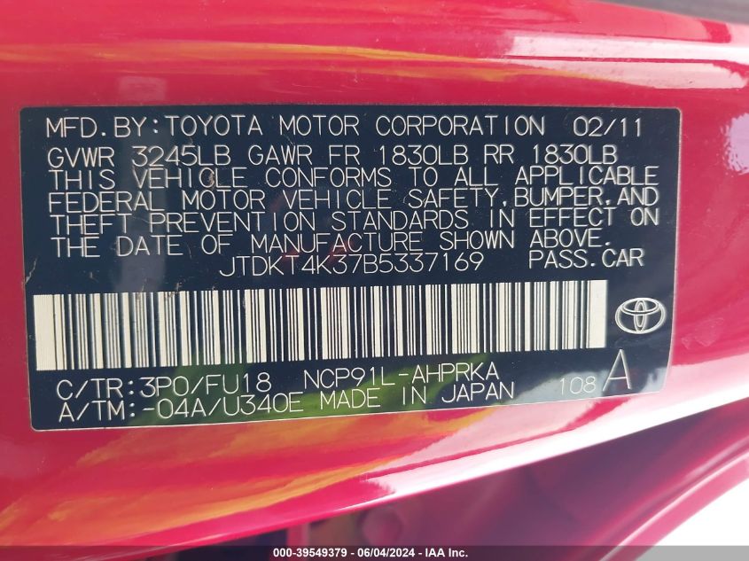 2011 Toyota Yaris VIN: JTDKT4K37B5337169 Lot: 39549379