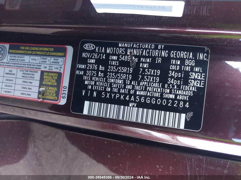 2016 Kia Sorento 3.3L Sx VIN: 5XYPK4A56GG002284 Lot: 39549386