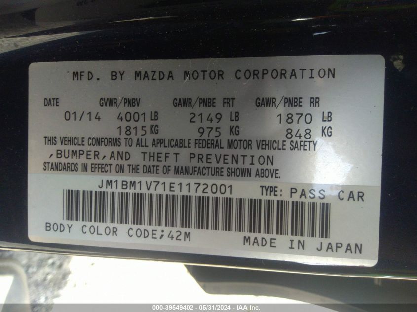 2014 Mazda Mazda3 I Touring VIN: JM1BM1V71E1172001 Lot: 39549402