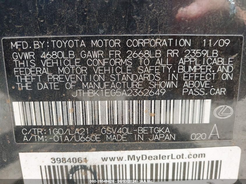 2010 Lexus Es 350 VIN: JTHBK1EG5A2362649 Lot: 39549428