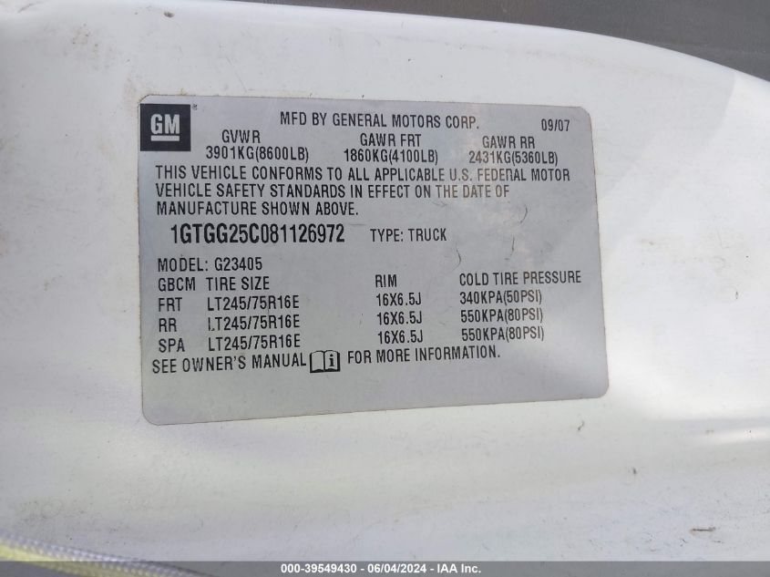 2008 GMC Savana Work Van VIN: 1GTGG25C081126972 Lot: 39549430