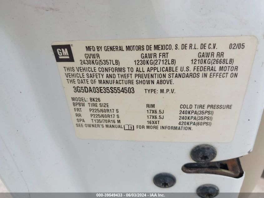 2005 Buick Rendezvous Cx VIN: 3G5DA03E35S554503 Lot: 39549433
