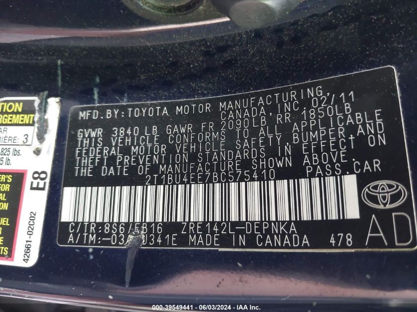 2011 Toyota Corolla Le VIN: 2T1BU4EE7BC575410 Lot: 39549441