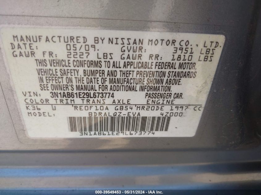 2009 Nissan Sentra 2.0 VIN: 3N1AB61E29L673774 Lot: 39549453