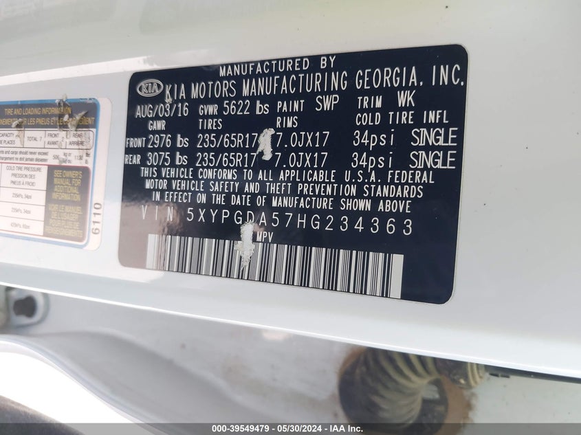 2017 Kia Sorento 3.3L Lx VIN: 5XYPGDA57HG234363 Lot: 39549479