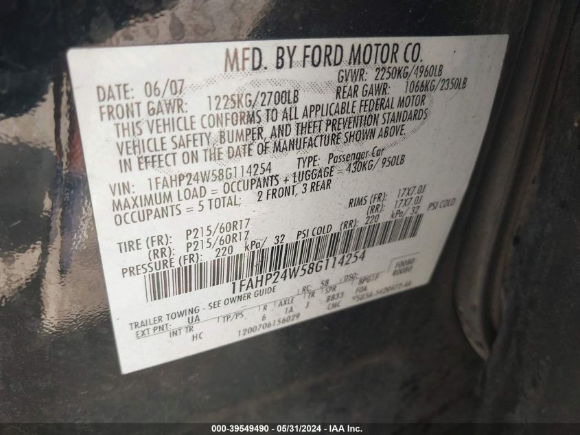 2008 Ford Taurus Sel VIN: 1FAHP24W58G114254 Lot: 39549490