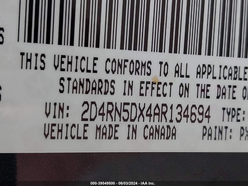 2010 Dodge Grand Caravan Sxt VIN: 2D4RN5DX4AR134694 Lot: 39549500