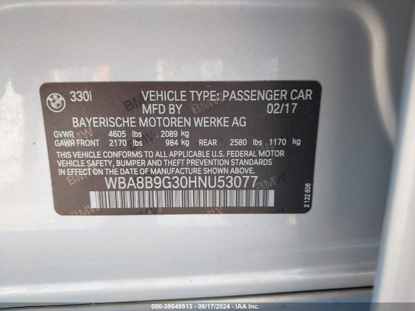 2017 BMW 330I VIN: WBA8B9G30HNU53077 Lot: 39549513