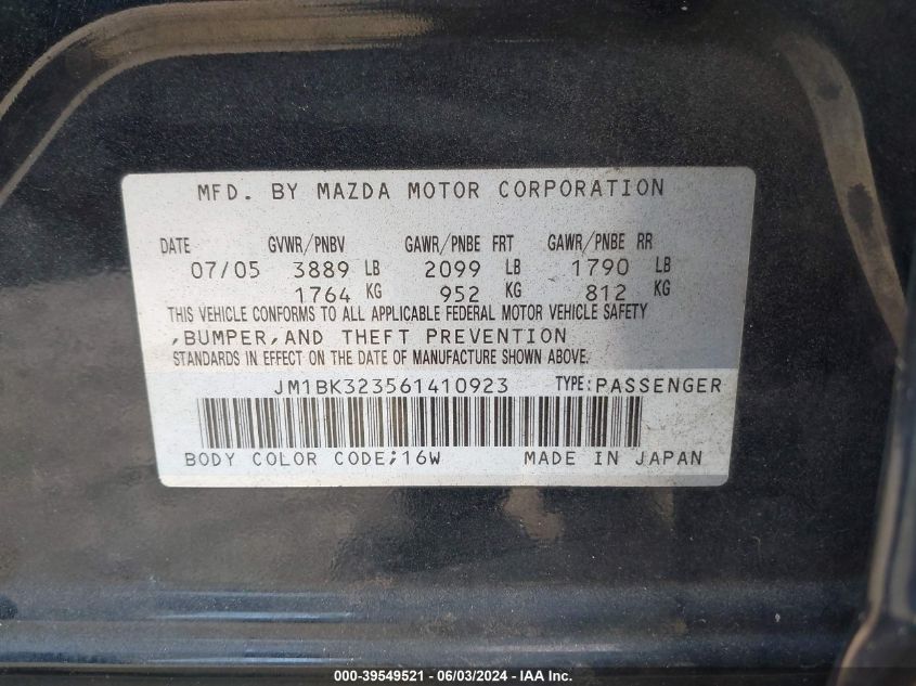 2006 Mazda Mazda3 S Touring VIN: JM1BK323561410923 Lot: 39549521
