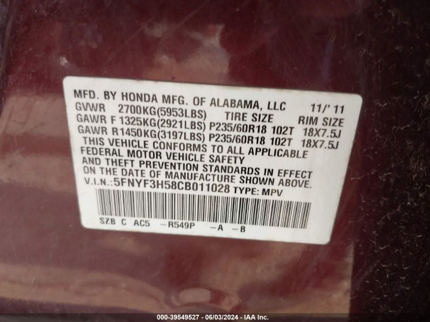 2012 Honda Pilot Ex-L VIN: 5FNYF3H58CB011028 Lot: 39549527
