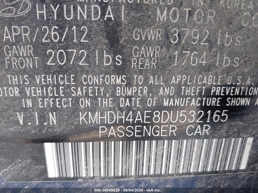 2013 Hyundai Elantra Gls VIN: KMHDH4AE8DU532165 Lot: 39549529