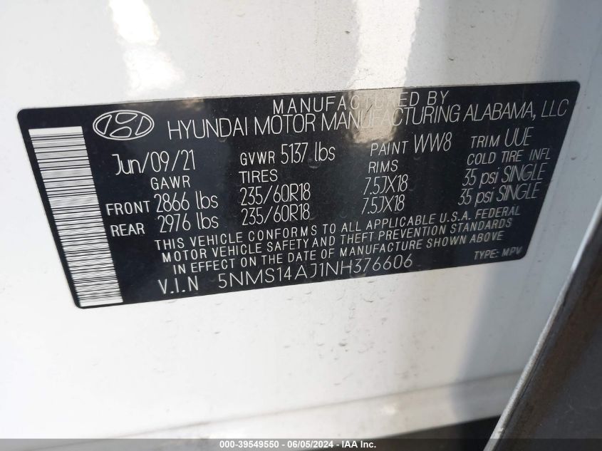 2022 Hyundai Santa Fe Se VIN: 5NMS14AJ1NH376606 Lot: 39549550