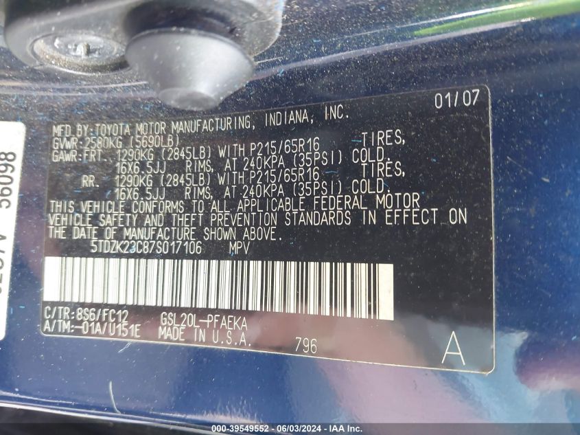 2007 Toyota Sienna Le VIN: 5TDZK23C87S017106 Lot: 39549552