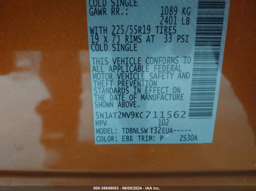 2019 Nissan Rogue Sl VIN: 5N1AT2MV9KC711562 Lot: 39549553