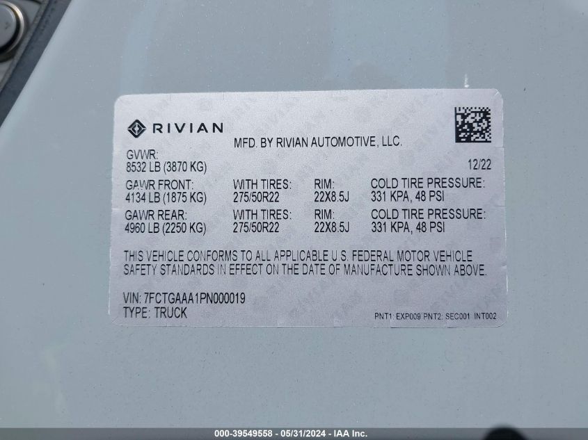 2023 Rivian R1T Adventure Quad Motor Large Pack VIN: 7FCTGAAA1PN000019 Lot: 39549558