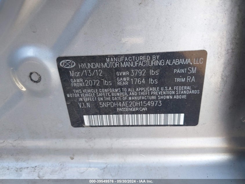 2013 Hyundai Elantra Gls VIN: 5NPDH4AE2DH154973 Lot: 39549576