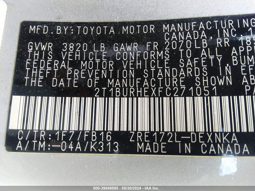 2015 Toyota Corolla Le VIN: 2T1BURHEXFC271051 Lot: 39549580