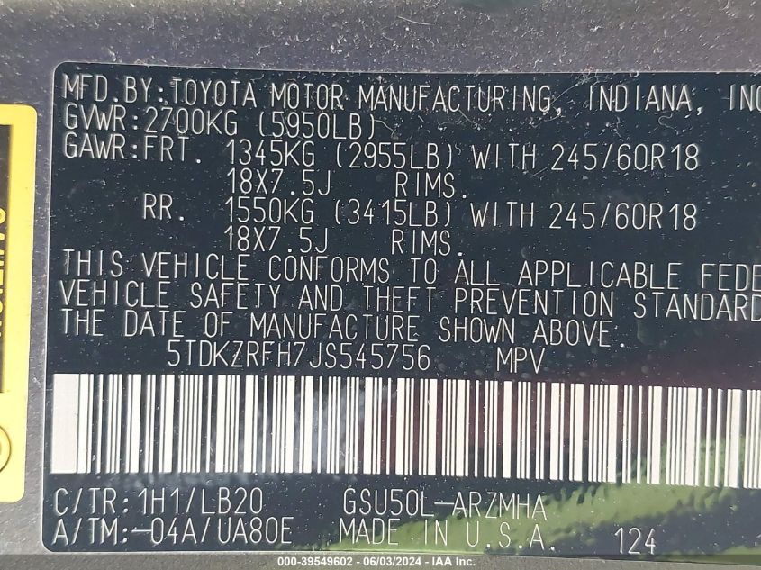 2018 Toyota Highlander Xle VIN: 5TDKZRFH7JS545756 Lot: 39549602